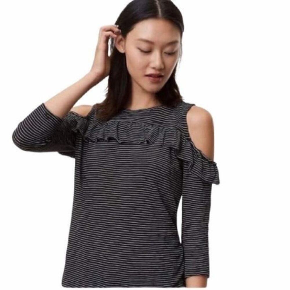 LOFT Striped Cold Shoulder Top Ruffle X-Small Black White XS
